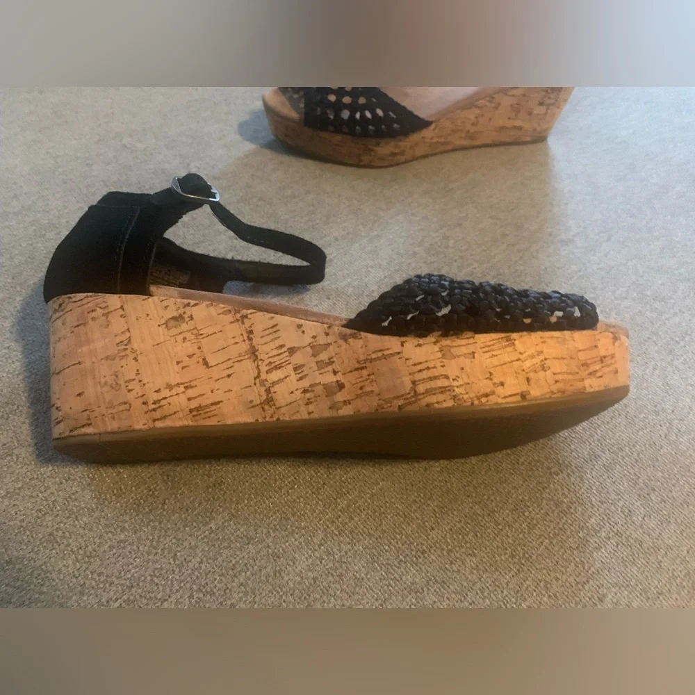 Toms Black Woven Platform Sandal with Ankle Strap